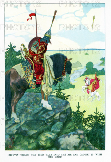 The caption for this 1923 illustration reads: Zidovin threw the iron club into the air and caught it with one hand. The great Russian hero Ilia Muromec watched this and then rode forward to do battle. Ilia was born in Kiev. For thirty years, he and twelve knights had guarded the city castle, until one day the mighty Zidovin appeared. The battle between Zidovin and Ilia was mighty and fierce, with Ilia vanquishing Zidovin.