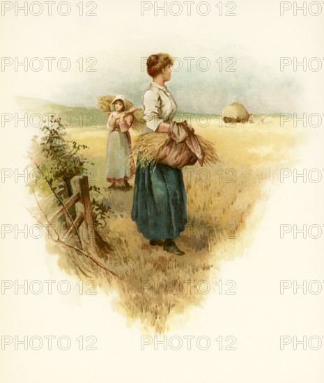 The caption for this illustration reads: Still keep the green earthe tender, still keep the grey earth strong. Here two women are working in the hay fields. The scene is fall and harvest time. It  accompanied Phillips Brooks's Poems.  Brooks was an Episcopalian minister in Boston in the late 1800s.