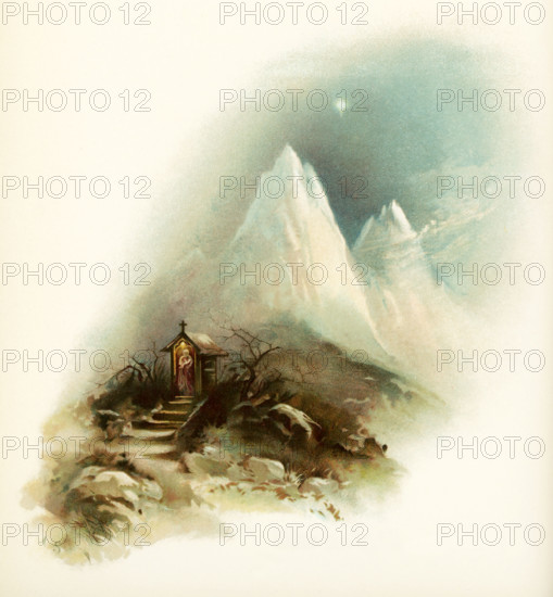 This illustration of mountains with a little chapel in the foreground accompanied Phillips Brooks's Poems  (c. 1886) by Phillips Brooks (1893).