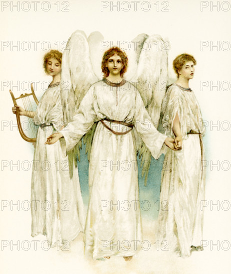 This illustration of three angels accompanied Phillips Brooks's Poems  (c. 1886) by Phillips Brooks (1893). The poem reads: He shall give His angels charge over thee, to keep thee in all thy ways.