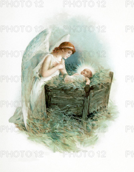 The caption for this illustration reads:Unto you is born this day in the city of David a Savior, which is Christ the Lord. The Christian religion celebrates the birth of Jesus Christ, the central figure of the religion, on December 25. The birth is often referred to as ""the Nativity"" and the three main figures are Jesus, his mother Mary, and Mary's husband Joseph. In this 19th century depiction, an angel is shown with the infant Jesus, who is lying in a manger.