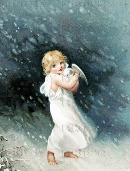 The caption for this illustration reads: The feet of the Christ Child fall gentle and white. Here an angel carries a dove. The scene is in winter and accompanied Phillips Brooks's Poems.  Brooks was an Episcopalian minister in Boston in the late 1800s.