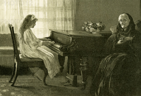 This illustration of a young girl playing the piano while an older lady, perhaps her grandmother, listens, accompanied Phillips Brooks's Poems  (c. 1886) by Phillips Brooks (1893). The poem reads:  Shall we not listen while they sing And music hear in everything.