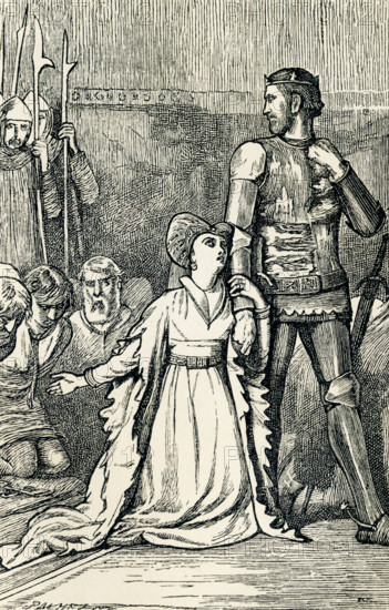 Queen Philippa (1314-1369) was the wife of Edward III of England and thus queen of England. Edward had lay seige to the French city of Calais in 1346 during Hundred Years War, and the French king Philip IV had told the inhabitants to hold out.  When Philip could not lift the siege and the people were starvng, the inhabitats offered to surrender. Edward agreed but asked for six of the city's chief leaders to surrender to him. Six did and they thought they would be executed- Philippa interceded for them, as seen here, and they were not. They are remembered as the Burghers of Calais, and the famed French sculptor Auguste Rodin memorialized them with his bronze statue of the Burghers, fashioned 1884-1889. This drawing by Edward Dalziel accompanied Charles Dickens' account of the tale in his book ""A Child's History of England."".