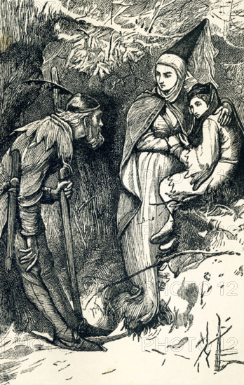 Queen Margaret was the wife of Henry VI of England. It was the time of the War of the Roses and Henry was fighting for the English throne. The year was 1461. At Hexham, Henry met a great defeat and his wife and their son, the Prince of Wales, fled for safety. Robbers stoped them and took all they had and then began to fight among themselves as to who would have what. Margaret escaped with the prince. They fled to the forest but there met a robber  armed with a sword as seen here. Margaret begged that he keep her son safe - the outlaw took pity and showed them his cave. They hid there for two days and were cared by the robber's wife. Margaret was finally reunited with her husband, who also had escaped. This drawing by Edward Dalziel accompanied Charles Dickens' account of the tale in his book ""A Child's History of England."".