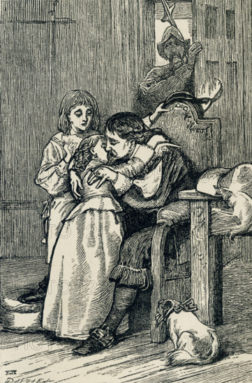 Charles I was king of England, Scotland, and Ireland from 1625-1649. He was   of the Stuart House. His father was James I. Civil and religious liberties caused much turmoil during his reign. Charles surrendered to Scottish army in 1646 and then became prisoner of the English. He was tried and the court found him guilty of treason and he was beheaded. Here, in this illustration by Edward Dalziel, he is shown taking leave of his children before his execution. His son later reigned as Charles II. This drawing  accompanied Charles Dickens' account of the tale in his book ""A Child's History of England."".