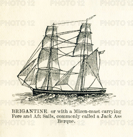 The vessel pictured in this 19th-century drawing is a brigantine, or with a mizen-masy carrying fore and aft sails, commonly called a Jack Ass Barque.