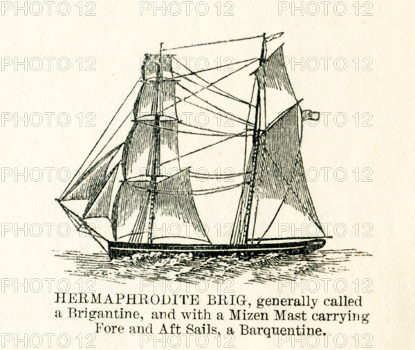 The vessel pictured in this 19th-century drawing is a hermaphrodite brig.