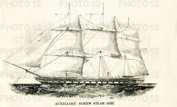 Pictured here is an auxiliary crew steam ship. The illustration dates to the 1800s.