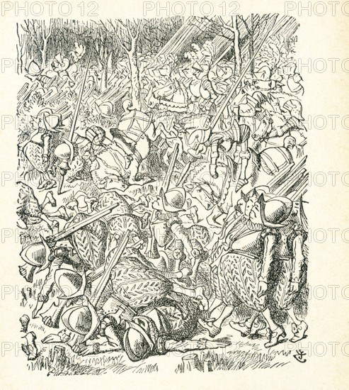 This is a scene from what Alice saw once she went through the Looking Glass and into the Looking Glass room in Lewis Carroll's ""Through the Looking Glass."" Here we see the soldiers sent by the White king and they are tripping and falling everywhere. Lewis Carroll (Charles Lutwidge Dodgson) wrote the novel ""Through the Looking-Glass and What Alice Found There"" in 1871 as a sequel to ""Alice's Adventures in Wonderland."".