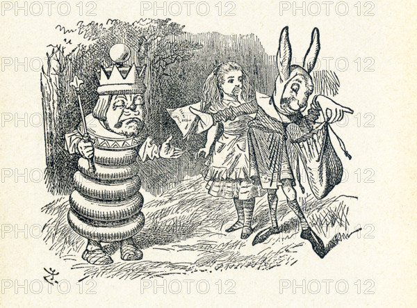 This is a scene from what Alice saw once she went through the Looking Glass and into the Looking Glass room in Lewis Carroll's ""Through the Looking Glass."" Here the White King asks the messenger, a rabbit, for a ham sandwich, while Alice looks on. Lewis Carroll (Charles Lutwidge Dodgson) wrote the novel ""Through the Looking-Glass and What Alice Found There"" in 1871 as a sequel to ""Alice's Adventures in Wonderland."".