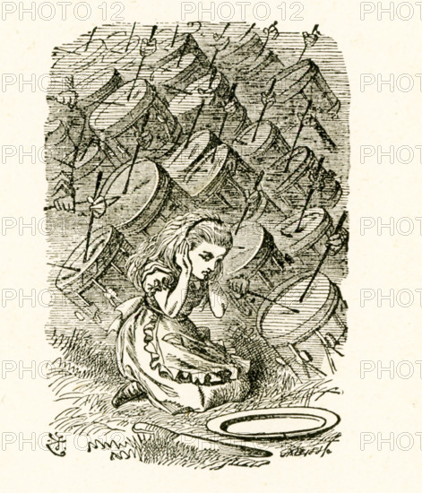 This illustration with Alice covering her ears for the drums is from ""Through the Looking-Glass and What Alice Found There"" by Lewis Carroll (Charles Lutwidge Dodgson), who wrote this novel in 1871 as a sequel to ""Alice's Adventures in Wonderland."".