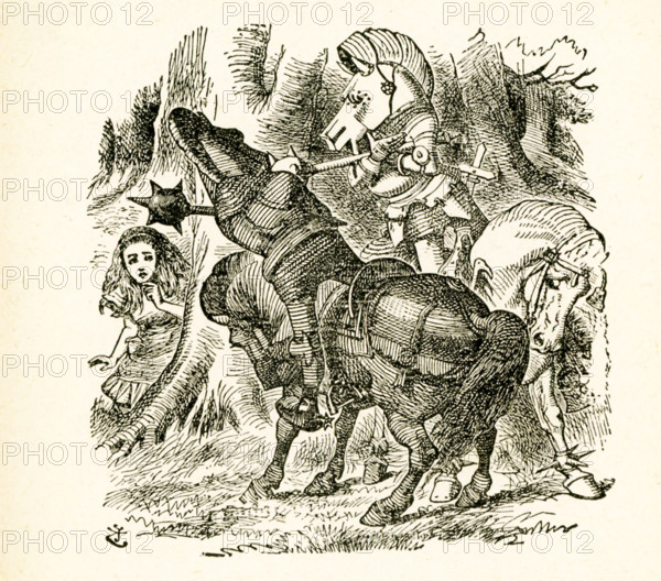 This illustration of Alice and the White Knight and the Red Knight is from ""Through the Looking-Glass and What Alice Found There"" by Lewis Carroll (Charles Lutwidge Dodgson), who wrote this novel in 1871 as a sequel to ""Alice's Adventures in Wonderland."" Here Alice watches the Red Knight and White Knight battling.The White Knight is a fictional character that Alice meets in the garden. He is based on a chess player. It is the White Knight who rescues Alice from the Red Knight and he escorts her to the eighth square of the chess board, where the Red Queen said she would make Alice a queen if she reached it.