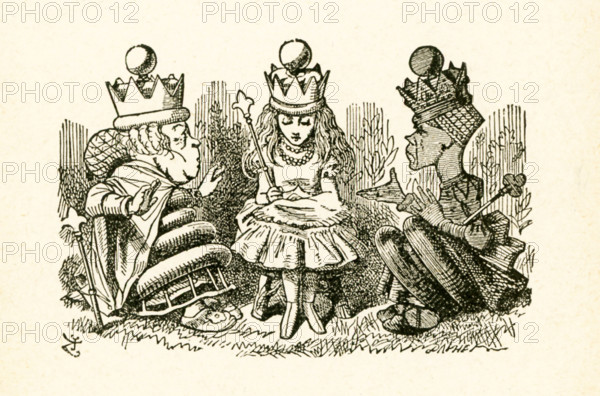 This illustration of Alice talking with the two queens, the White Queen and the Red Queen, is from ""Through the Looking-Glass and What Alice Found There"" by Lewis Carroll (Charles Lutwidge Dodgson), who wrote this novel in 1871 as a sequel to ""Alice's Adventures in Wonderland."" Here Alice has put a royal crown on her head.