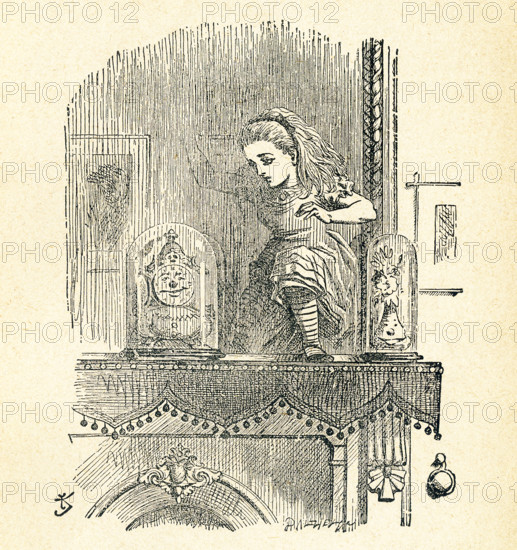 This illustration of Alice poking poke the looking glass (mirror) and seeing an old man in the clock , not an actual clock as in the room she just left is from ""Through the This illustration of Alice poking poke the looking glass (mirror) and seeing an old man in the clock, not an actual clock as in the room she just left is from ""Through the Looking-Glass and What Alice Found There"" by Lewis Carroll (Charles Lutwidge Dodgson), who wrote this novel in 1871 as a sequel to ""Alice's Adventures in Wonderland."" Alice has now stepped through the mantle mirror into another world.