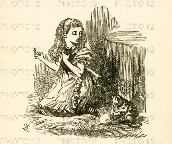 This illustration showing Alice back home and playing with kittens is from ""Through the Looking-Glass and What Alice Found There"" by Lewis Carroll (Charles Lutwidge Dodgson), who wrote this novel in 1871 as a sequel to ""Alice's Adventures in Wonderland."".