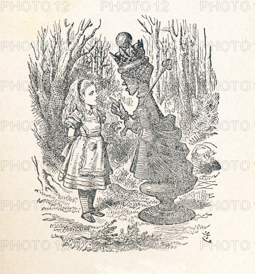 This is a scene from what Alice saw once she went through the Looking Glass and into the Looking Glass room in Lewis Carroll's ""Through the Looking Glass."" Here Alice speaks with the Red Queen and tells her that she lost her way and is now in the Garden of Live Flowers.