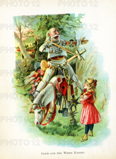 This illustration of Alice and the White Knight is from ""Through the Looking-Glass and What Alice Found There"" by Lewis Carroll (Charles Lutwidge Dodgson), who wrote this novel in 1871 as a sequel to ""Alice's Adventures in Wonderland."" The White Knight is a fictional character that Alice meets in the garden. He is based on a chess player. It is the White Knight who rescues Alice from the Red Knight and he escorts her to the eighth square of the chess board, where the Red Queen said she would make Alice a queen if she reached it. was on the ground and not able to hear or see Alice, but then all changes after she picks him up, and also the White Queen.  The White Knight is shown riding in a unique way - leaning forward over the bridle and standing in the stirrups.