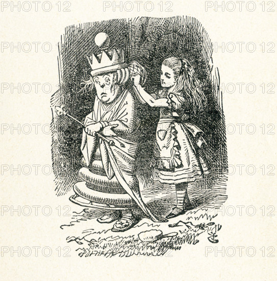 This is a scene from what Alice saw once she went through the Looking Glass and into the Looking Glass room in Lewis Carroll's ""Through the Looking Glass."" Here. Alice is seen helping the White Queen to dress. Lewis Carroll (Charles Lutwidge Dodgson) wrote the novel ""Through the Looking-Glass and What Alice Found There"" in 1871 as a sequel to ""Alice's Adventures in Wonderland."".