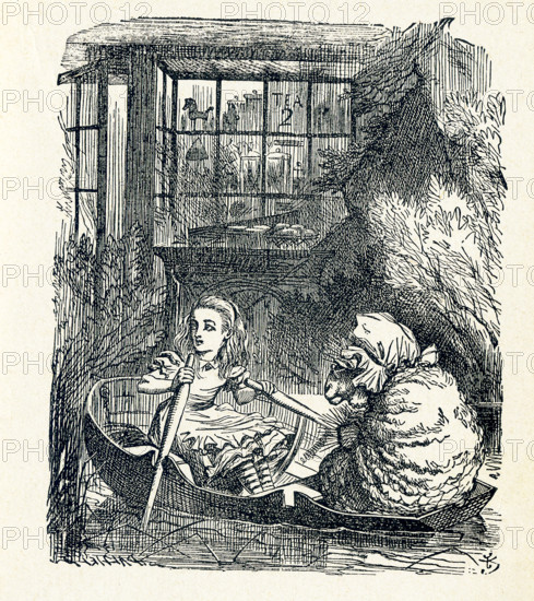 This is a scene from what Alice saw once she went through the Looking Glass and into the Looking Glass room in Lewis Carroll's ""Through the Looking Glass."" Here we see Alice rowing a boat and with her is a Sheep who is calmly knitting. Lewis Carroll (Charles Lutwidge Dodgson) wrote the novel ""Through the Looking-Glass and What Alice Found There"" in 1871 as a sequel to ""Alice's Adventures in Wonderland."".