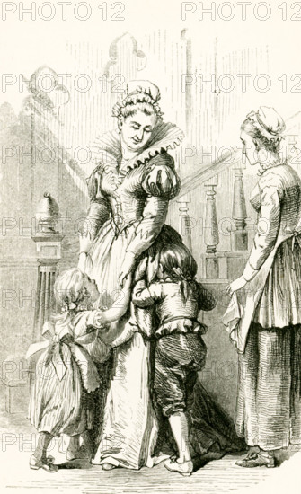 The site here is a house in London.  The English woman is a childless widow, and the children from France are motherless and they are Protestants and mother was a noble. The caption reads: The children find a friend.