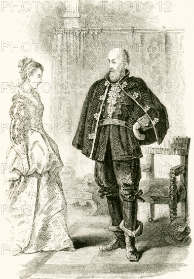 The tale involved in this illustration dates to the 1600s and the time when the Puritans left England. The  father here is for Puritans and daughter is for English and England. The caption reads: Father and Daughter.