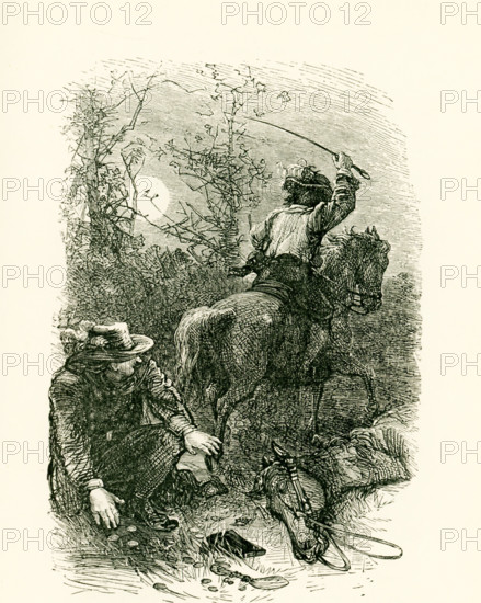 The caption for this illustration that dates to around 1865 reads: In a moment Colbert sprung upon the robber's steed, and clapping spurs to him, was out of sight before the thief had time to recover himself. Jean Baptiste Colbert was the comptroller (minister) of finance from 1665 and secretary of the navy form 1668 under King Louis XIV of France. It was said at age 15, when working for his father, he took a short way home, and was held up by a robber. Resourcefully, he threw some coins on the ground and got off his horse. The robber went ot collect the coins, Colbert mounted the steed and took off unharmed, with all the rest of the money still with him.