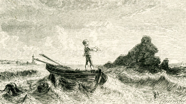 The caption for this illustration, which dates to around 1865, reads: as soon as he found himself alone between the sky and the water, he abandoned himself to a sort of noisy joy. The boy here is Benjamn Franklin and the year is 1715 and Franklin is eight or nine. He, so the story goes, was accustomed to go swimming every evening in Boston Roads, near where he lived. He would swim offshore and often head for a barge temporarily abandoned by its owners  and practice steering. You can see the boat there.