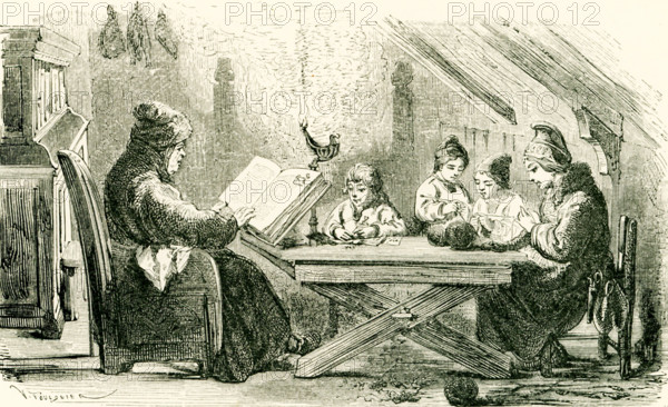 The caption for this illustration that dates to around 1865 reads: All the attention of the little fair-haired boy appeared absorbed by a copy-book, in the leaves of which he was arranging some plants and flowers. The scen in is a poor village in Sweden in November in 1719. The boy is Carl Linnaeus, a Swedish botanist, physician, and zoologist. His father was a pastor and is seen here at left reading the bible and commenting , form time to time, on them to his family. To the right is his mother, knitting stockings with wooden needles. The two little girls are learning to knit and imitaing their mother.