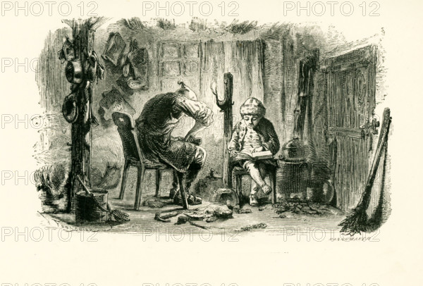 Th caption for this illustration that dates to around 1865 reads: Supper over, the father would resume his work, and the child would read to him out of the books which he received as prizes. The father was Johann Joachim Winckelmann (1717-1768), a German classical archaeologist and a historian of ancient art. Here the father is being read to by his son.