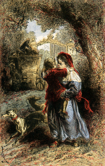 The caption for this illustration that dates to around 1865 reads: And the carriage having stopped. She took the child in her arms and carried him into the house. The child is Alexander Pope, an English poet who lived from 1688 to 1744. Among his works are Essay on Criticism, The Rape of the Lock, and An Essay on Man. The lady is Alexander's aunt who doted on him. Alexander had been a bit hunchbacked from birth.