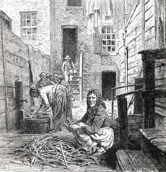 This illustration dates to 1899 and shows an everyday scene in a Tenement House alley in New York City. Nearby was the Water Street Mission.