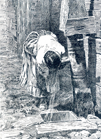 This late 19th-century illustration shows a woman doing the morning wash at the backyard hydrant. This scene is near the Water Street Mission. In 1872 businessman Frederick Hatch bought the property in Lower Manhattan that became the Water Street Mission. He had met Jerry McAuley and put him in charge of this new venture - America's first Rescue Mission.