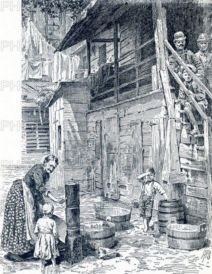 This late 19th-century illustration showsa tenement house backyard in the rear of Mulberry Street, near the Water Street Mission. In 1872 businessman Frederick Hatch bought the property in Lower Manhattan that became the Water Street Mission. He had met Jerry McAuley and put him in charge of this new venture - America's first Rescue Mission.