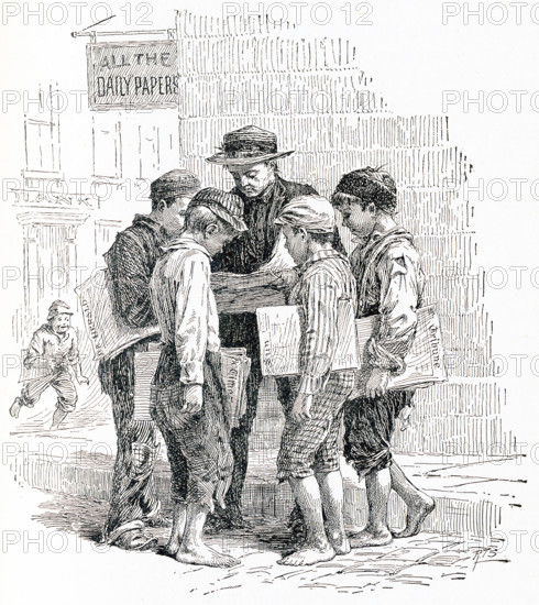 This late 19th-century illustration shows paperboys in New York City. The caption reads:""Getting Points from the Last Edition."".