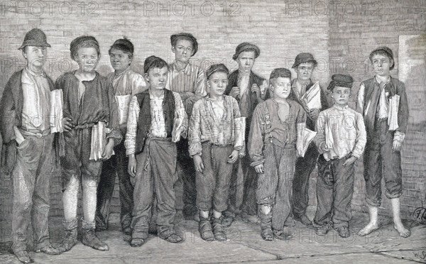 This late 19th-century illustration shows homeless boys in New York City. The caption reads: ""Waifs and Strays of a Great City. , A Group of Homeless New York Newsboys. The names of the boys are, right to left: Whitey, Dutchy, Yaller, Slobbery Jack,King of Bums, King of Crapshooters, Bumlets, Sheeny, The Snitcher, Snoddy, Kelly the Rake. Most of the boys who frequent the Newsboys Lodging Houses are waifs, pure and simple. They have never known a mother's or a father's care, and have no sense of identity. As a rule, they are known by nicknames, and then generally speak of each other only by these names.