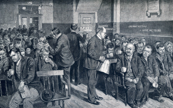 This late 19th-century illustration shows Coffee Night at the Water Street Mission - a weekly feast for tramps, outcasts, and bums. The day is Saturday and they begin filing in by three o'clock. The rooms fills quickly and many have to be turned away. At seven, Mission workers bring in the coffee pots and then sandwiches. In 1872 businessman Frederick Hatch bought the property in Lower Manhattan that became the Water Street Mission. He had met Jerry McAuley and put him in charge of this new venture - America's first Rescue Mission.