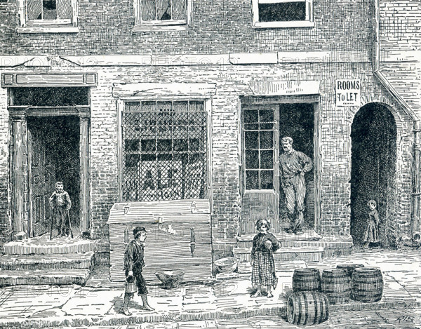 This late 19th-century illustration shows Entrance to a Tenement House and Alley near the Water Street Mission in New York City. The door at the left leads directly into a tenement. The archway at the right is a dark passage was leading to filthy yards and tenements in the year. In 1872 businessman Frederick Hatch bought the property in Lower Manhattan that became the Water Street Mission. He had met Jerry McAuley and put him in charge of this new venture - America's first Rescue Mission.