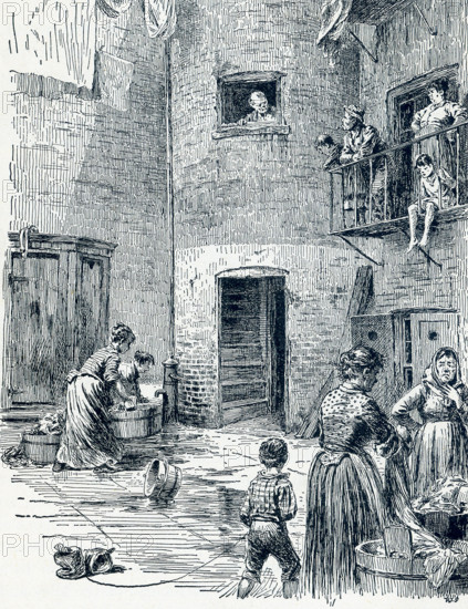 This late 19th-century illustration shows a typical tenement house backyard in New York City. It is near the Water Street Mission. In 1872 businessman Frederick Hatch bought the property in Lower Manhattan that became the Water Street Mission. He had met Jerry McAuley and put him in charge of this new venture - America's first Rescue Mission.