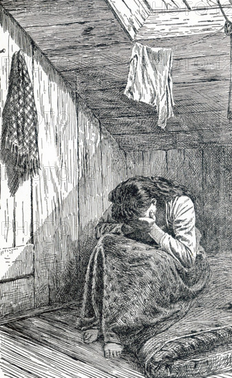 This illustration dates to 1899. The caption reads: A room and its occupant as found in the garret of ""The Ship."" This tenement house on Hamilton Street in New York City  was known as ""The Ship"" - a narrow entrance to the rear leads to the garret rooms. Nearby was the Water Street Mission.