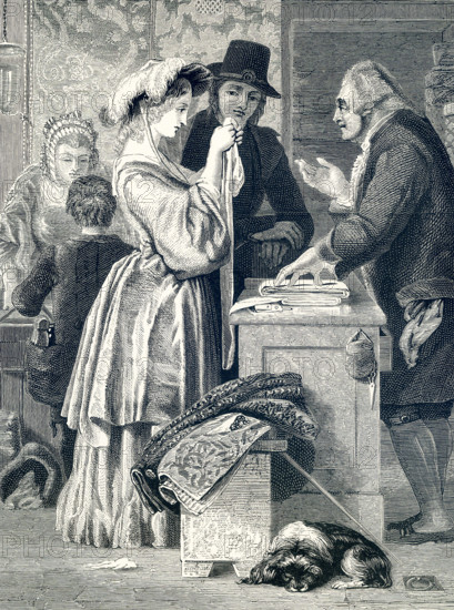 This engraving on wood accompanied an 1881 book on British Painters. The one is titled ""Choosing a Wedding Gown"" and is credited to William Mulready (1786-1863), an Irish painter living in London. Mulready was known for his works that romanticized rural scenes. His paintings were popular in Victorian times.