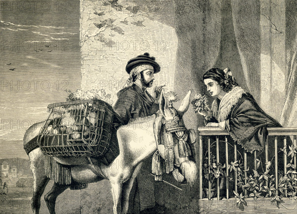 This engraving on wood accompanied an 1881 book on British Painters. This one is titled ""Spanish Flower Seller,"" by Richard Ansdell (1815-1885), an English painter of animals and genre scenes.