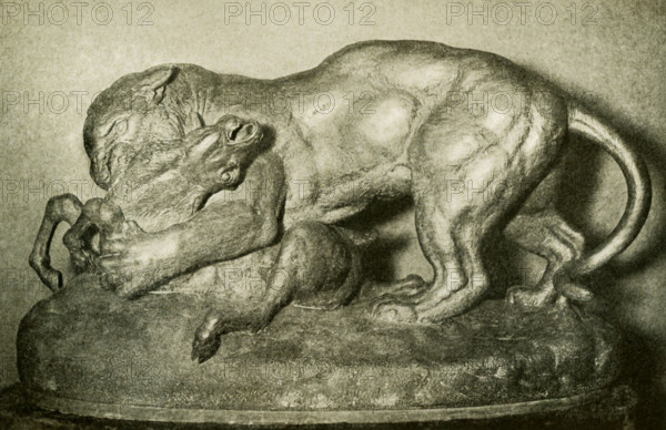 Antoine Louis Barye  (1795-1875) was a Romantic French sculptor. He is best known as a sculptor of animals (therefore, an animalier). This bronze sculpture by Barye is titled ""Panther Seizing a Deer."".