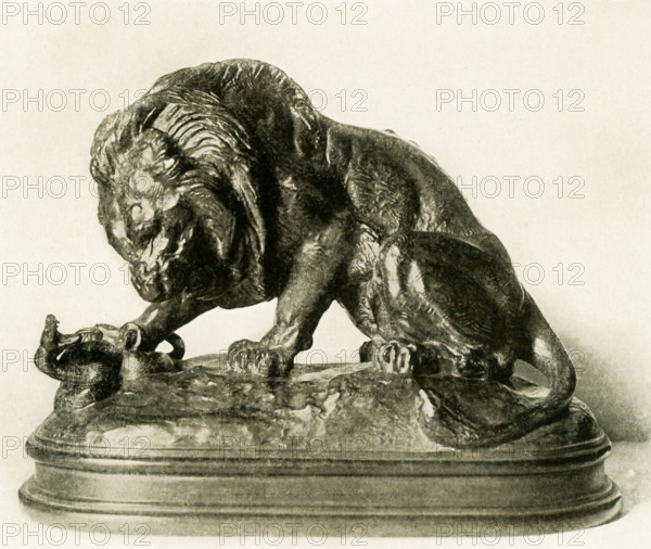 Antoine Louis Barye  (1795-1875) was a Romantic French sculptor. He is best known as a sculptor of animals (therefore, an animalier). This bronze sculpture by Barye is titled ""The Lion and the Serpent"" and belonged to the collection of the late Cyrus J. Lawrence, Esq.