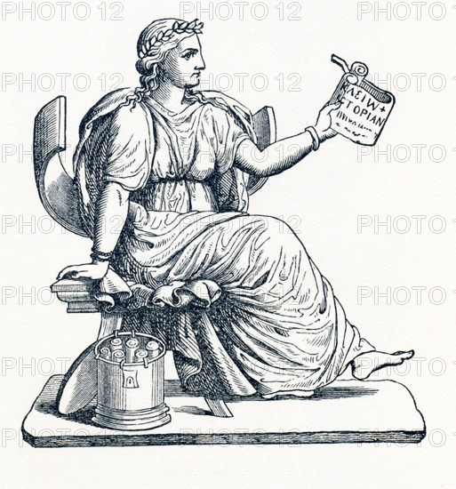 This illustration dates to 1898 and shows Clio, the Muse of history, as prepresented by a statue now  in the Louvre Museum in Paris. In Greek and Roman mythology, the Muses were nine daughters of Zeus and Mnemosyne (goddess of memory). There were honored as the patrons of arts and sciences. Calliope was the head muse, and Apollo, the god of prophecy and song, was their leader.