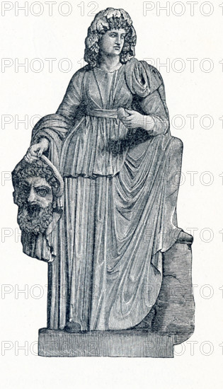 This illustration dates to 1898 and shows the statue of Melpomene in Vatican Museum. Melpomene was honored as the Muse of tragedy. In Greek and Roman mythology, the Muses were nine daughters of Zeus and Mnemosyne (goddess of memory). There were honored as the patrons of arts and sciences. Calliope was the head muse, and Apollo, the god of prophecy and song, was their leader.