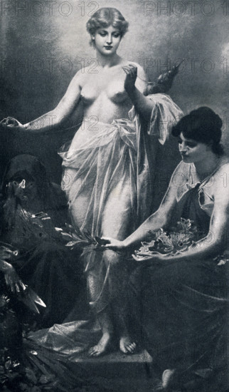 This photo of the sculpture titled The Three Fates by Paul Thumann dates to 1898. Thumann was a German illustrator and painter who died in 1834. The Romans called then the Parcae the Greeks knew them as the Moirai or Moerae. By name they were Clotho, who spun the thread of a person's life; Lachesis, who measured the thread; and Atropos, who cut it. The Romans knew them as Nona, Decuma, and Morta.