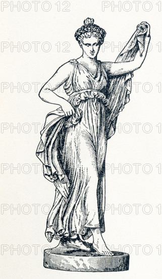 This illustration of Terpsichore dates to 1898. It shows the statue in Florence. Terpsichore was the goddess of the dance and chorus. In Greek and Roman mythology, the Muses were nine daughters of Zeus and Mnemosyne (goddess of memory). There were honored as the patrons of arts and sciences. Calliope was the head muse, and Apollo, the god of prophecy and song, was their leader.