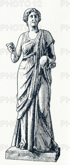 This illsutration of a statue of Urania dates to 1898. The statue is in a Berlin museum. Urania was the Muse of astronomy. In Greek and Roman mythology, the Muses were nine daughters of Zeus and Mnemosyne (goddess of memory). There were honored as the patrons of arts and sciences. Calliope was the head muse, and Apollo, the god of prophecy and song, was their leader.