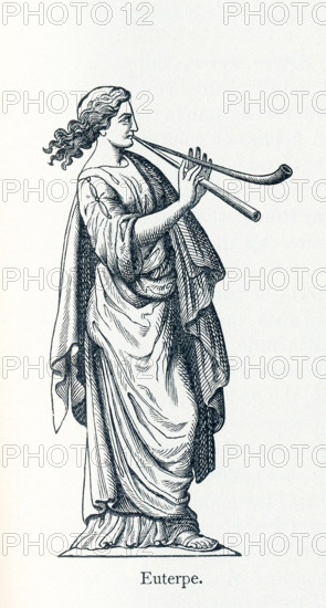 This illustration dates to 1898 and shows a statue of Euterpe. Euterpe was honored as the Muse of music, song, and lyric poetry. In Greek and Roman mythology, the Muses were nine daughters of Zeus and Mnemosyne (goddess of memory). There were honored as the patrons of arts and sciences. Calliope was the head muse, and Apollo, the god of prophecy and song, was their leader.